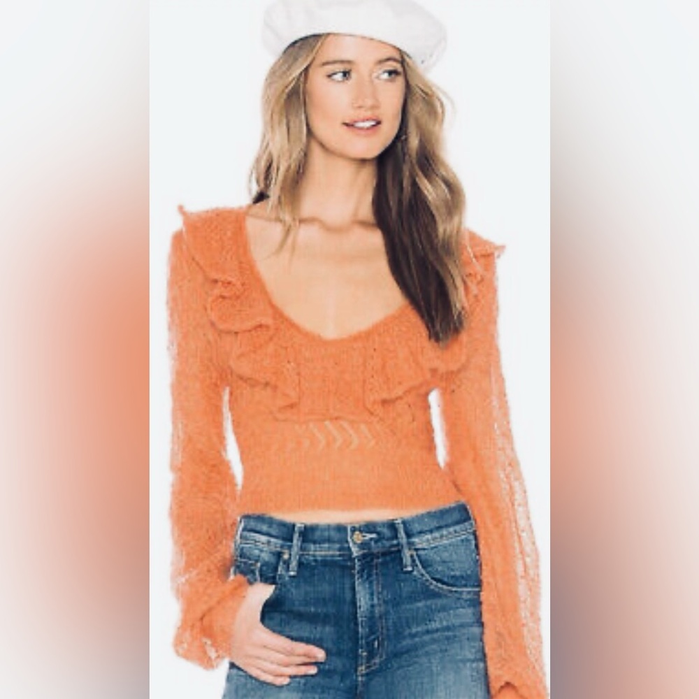 Free People Macaroon Ruffled-Neck Mohair /Wool Sweater NWOT XS Burnt Orange